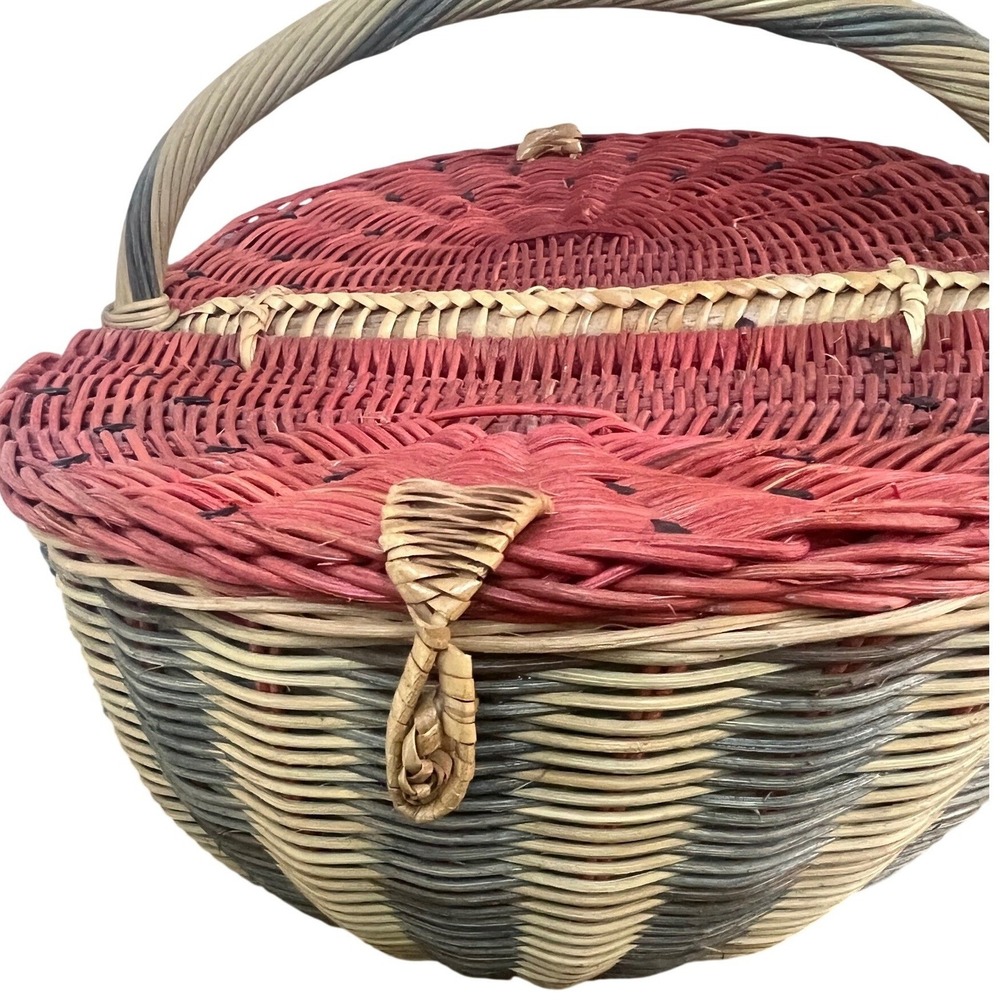 Vintage‎ Watermelon Picnic Basket Woven Wicker Double-Lid Handle Red Green Large